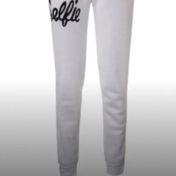 White Fleece SELFIE Sweatpants & Top Set Sweatshirt & Pants Set Bundle Lot - Picture 5 of 7